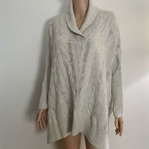 Women's QI Beige CASHMERE Shawl Collar PULLOVER Fine CABLE KNIT Sweater  M/L